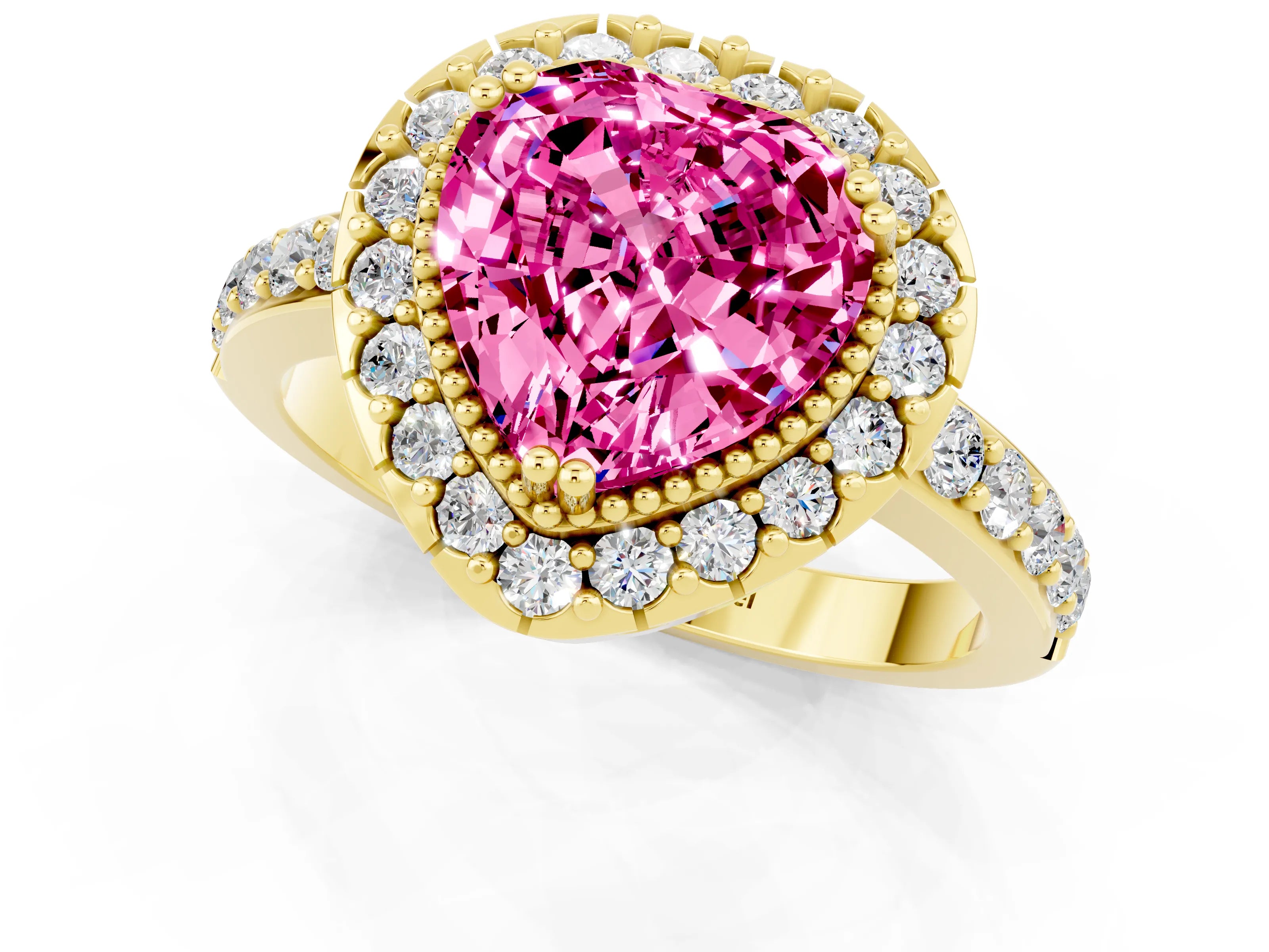 Yellow gold Heart Cut Diamond Halo Ring with Pavé Band and Prong Setting_1
