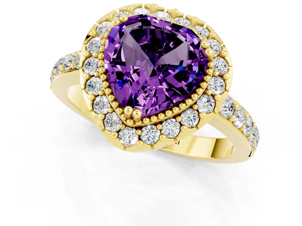 Yellow gold Heart Cut Amethyst Halo Ring with Pavé Band and Prong Setting
