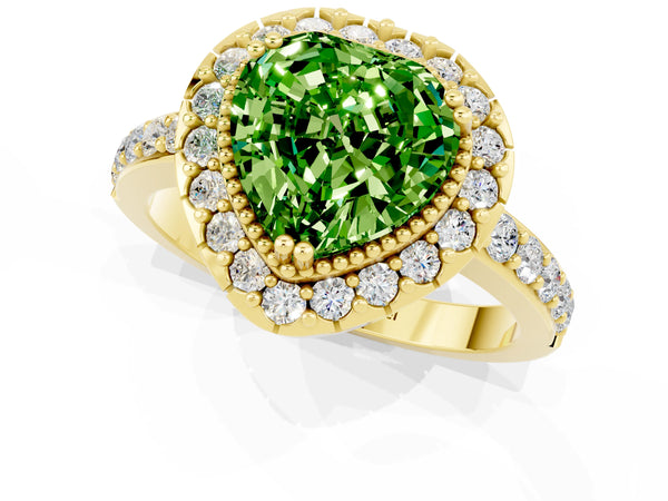 Yellow gold Heart Cut Peridot Halo Ring with Pavé Band and Prong Setting