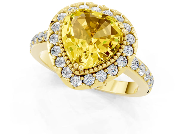 Yellow gold Heart Cut Yellow Sapphire Halo Ring with Pavé Band and Prong Setting