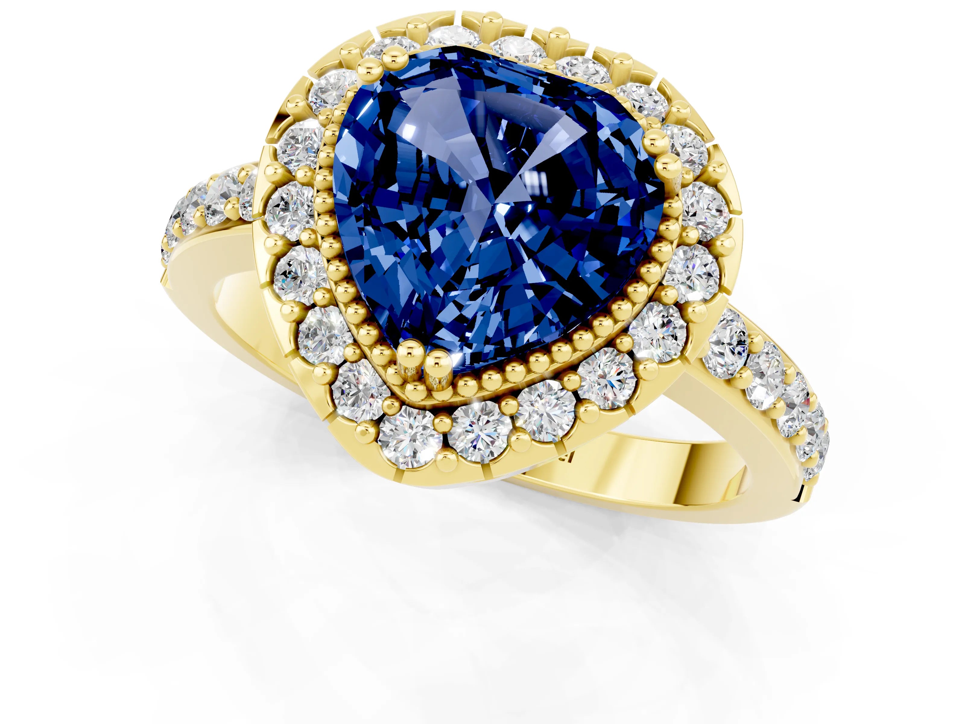 Yellow gold Heart Cut Diamond Halo Ring with Pavé Band and Prong Setting_1