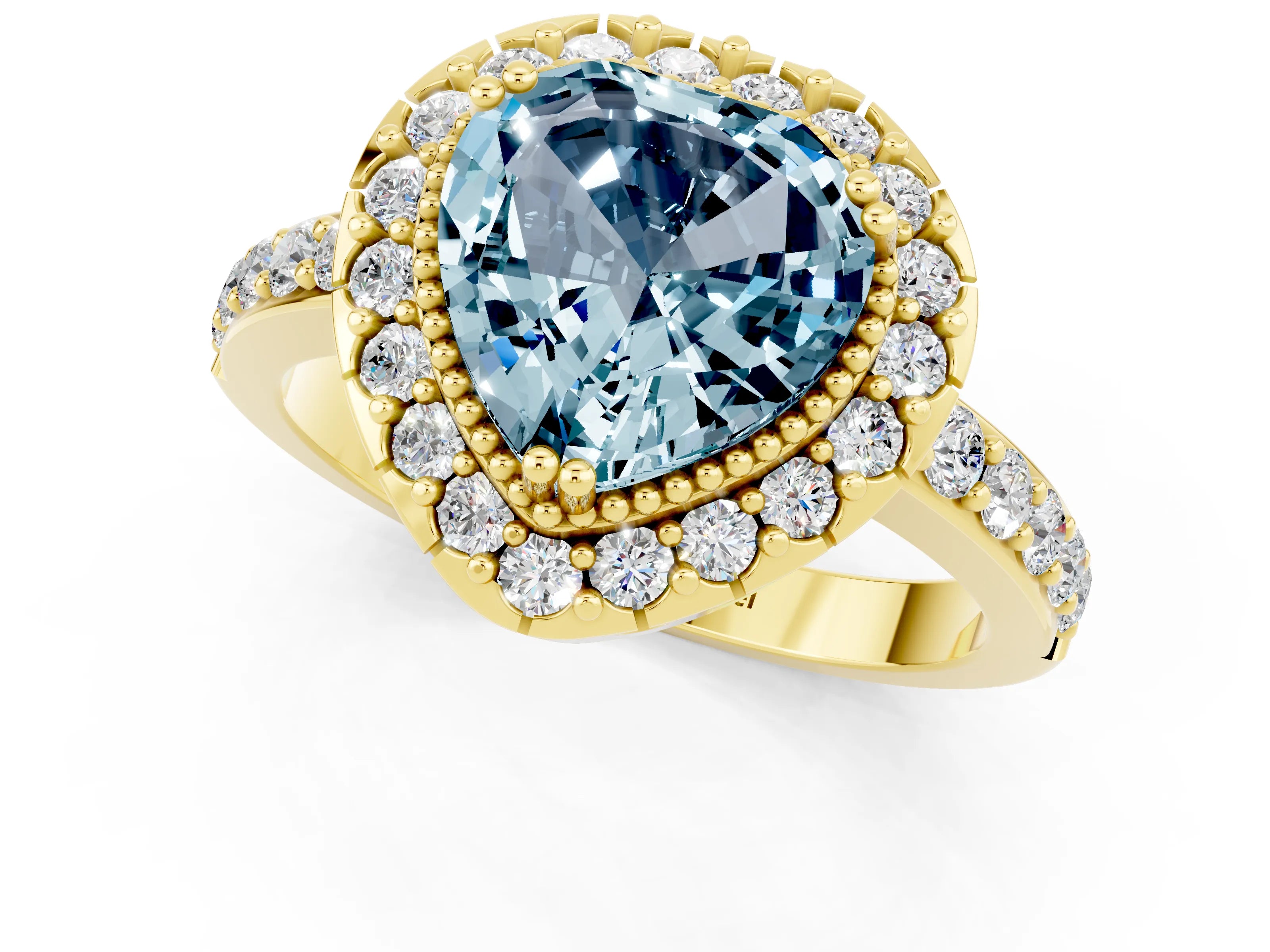 Yellow gold Heart Cut Diamond Halo Ring with Pavé Band and Prong Setting_1