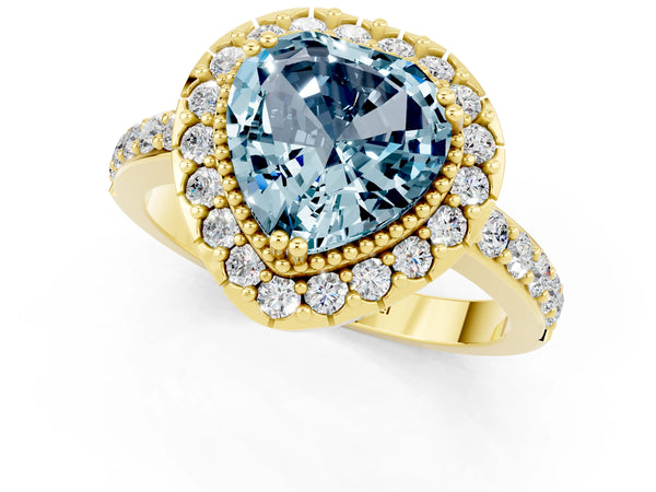 Yellow gold Heart Cut Aquamarine Halo Ring with Pavé Band and Prong Setting