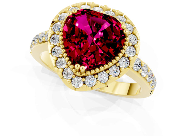 Yellow gold Heart Cut Garnet Halo Ring with Pavé Band and Prong Setting