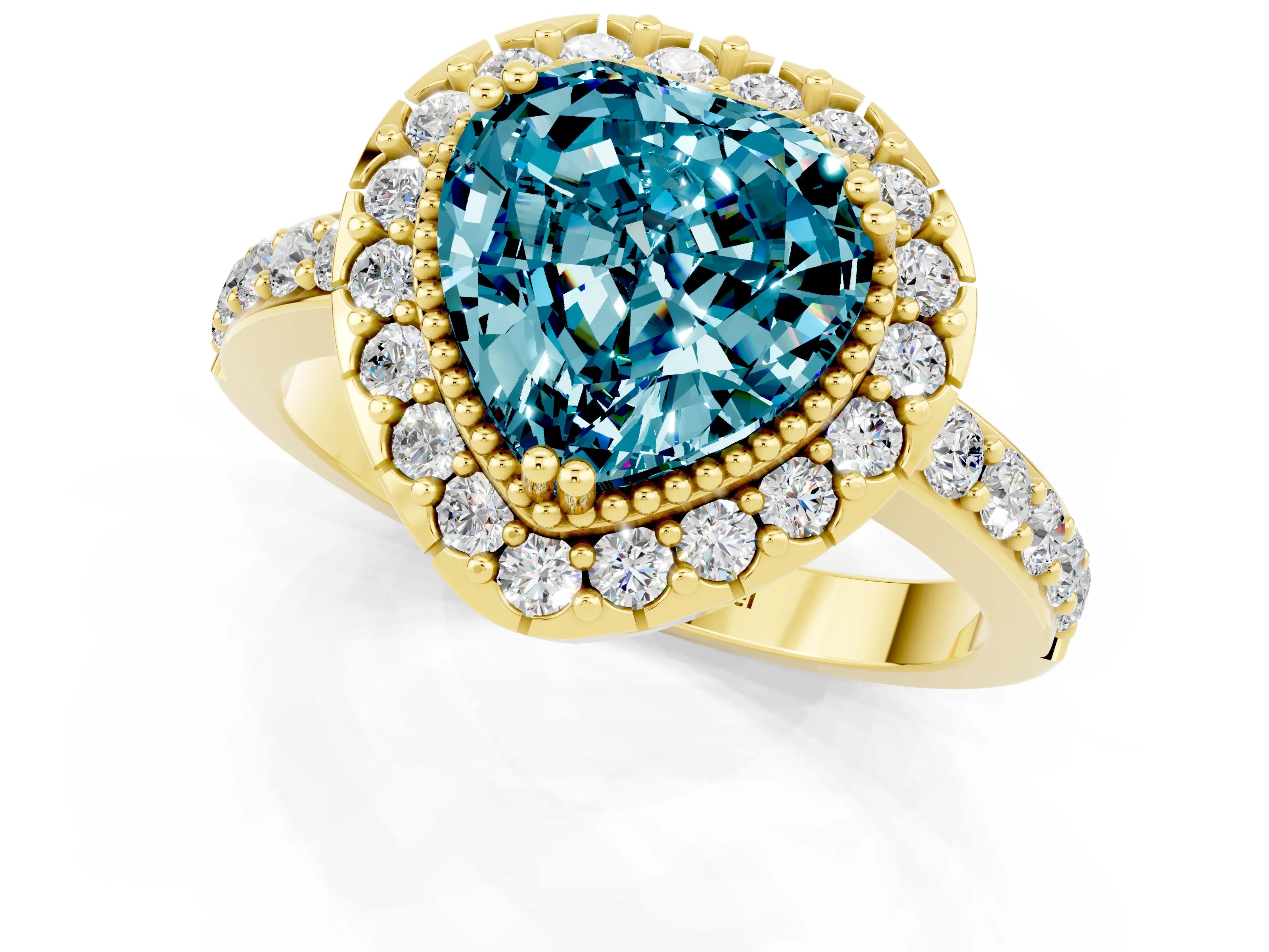 Yellow gold Heart Cut Diamond Halo Ring with Pavé Band and Prong Setting_1