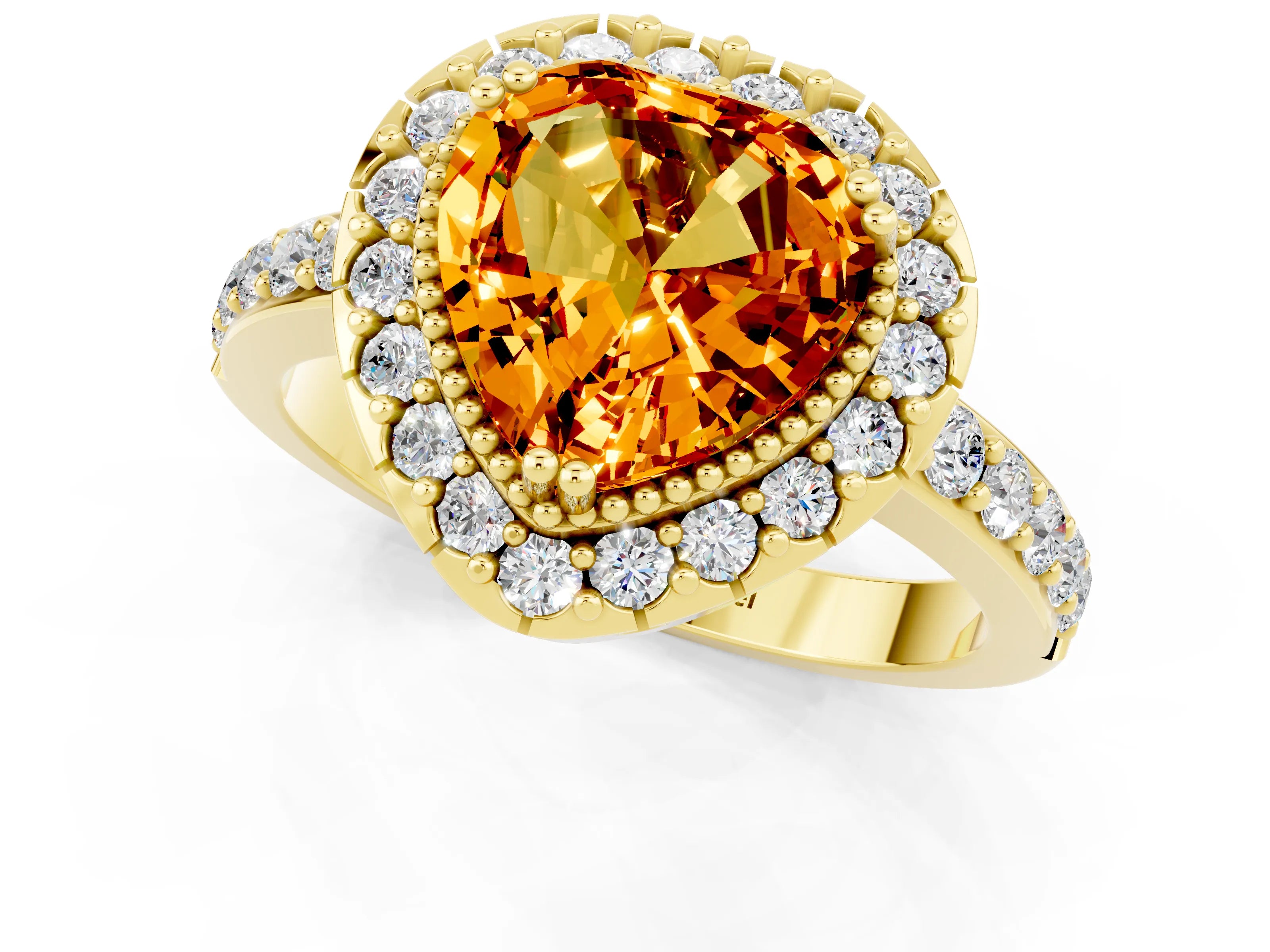 Yellow gold Heart Cut Diamond Halo Ring with Pavé Band and Prong Setting_1