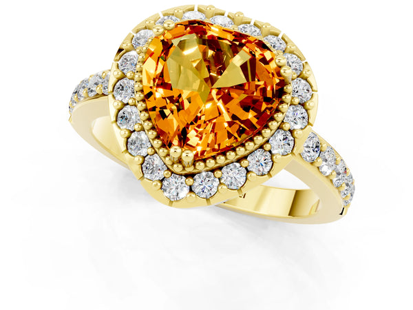 Yellow gold Heart Cut Citrine Halo Ring with Pavé Band and Prong Setting