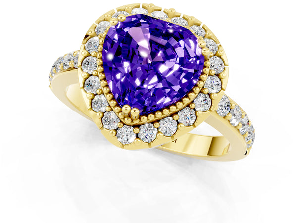 Yellow gold Heart Cut Tanzanite Halo Ring with Pavé Band and Prong Setting