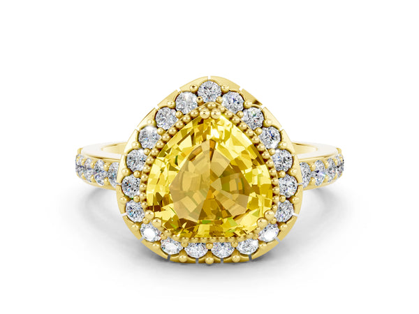 Yellow gold Heart Cut Yellow Sapphire Halo Ring with Pavé Band and Prong Setting