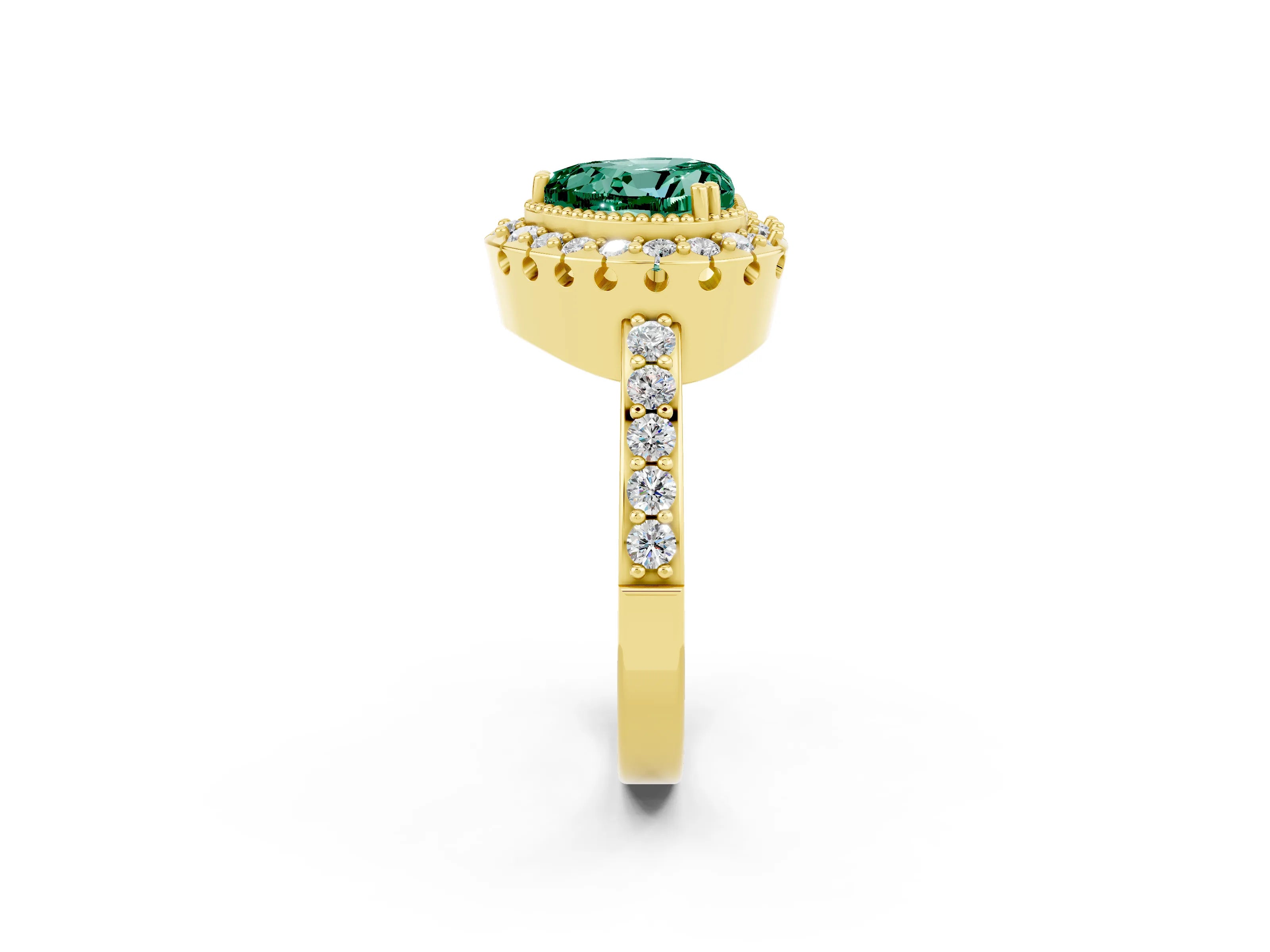 Yellow gold Heart Cut Diamond Halo Ring with Pavé Band and Prong Setting_2