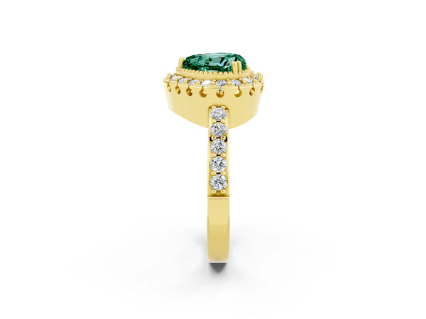 Yellow gold Heart Cut Green Sapphire Halo Ring with Pavé Band and Prong Setting