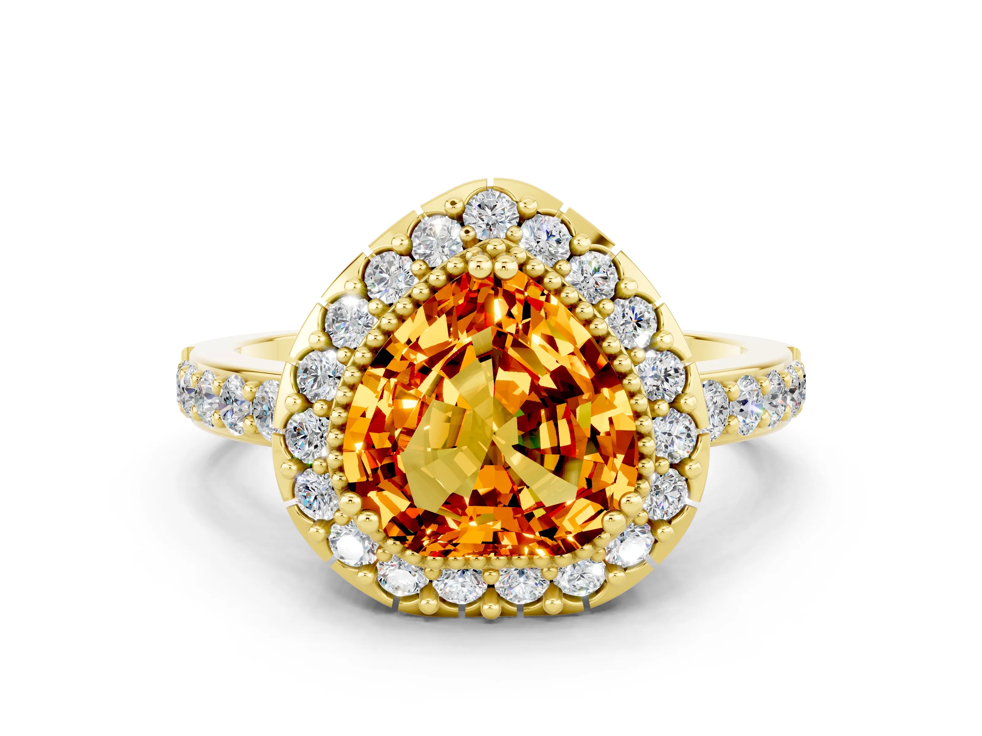 Yellow gold Heart Cut Diamond Halo Ring with Pavé Band and Prong Setting