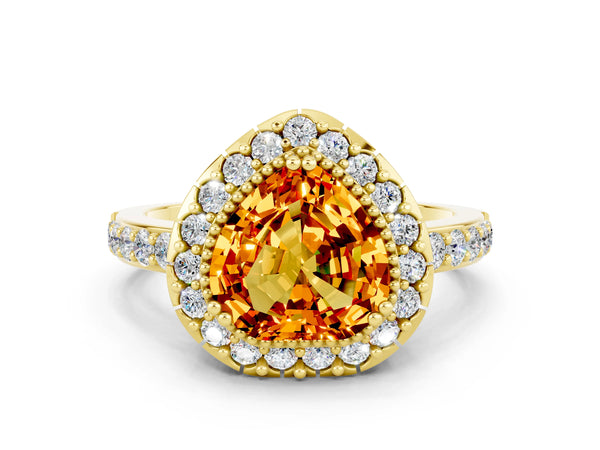 Yellow gold Heart Cut Citrine Halo Ring with Pavé Band and Prong Setting