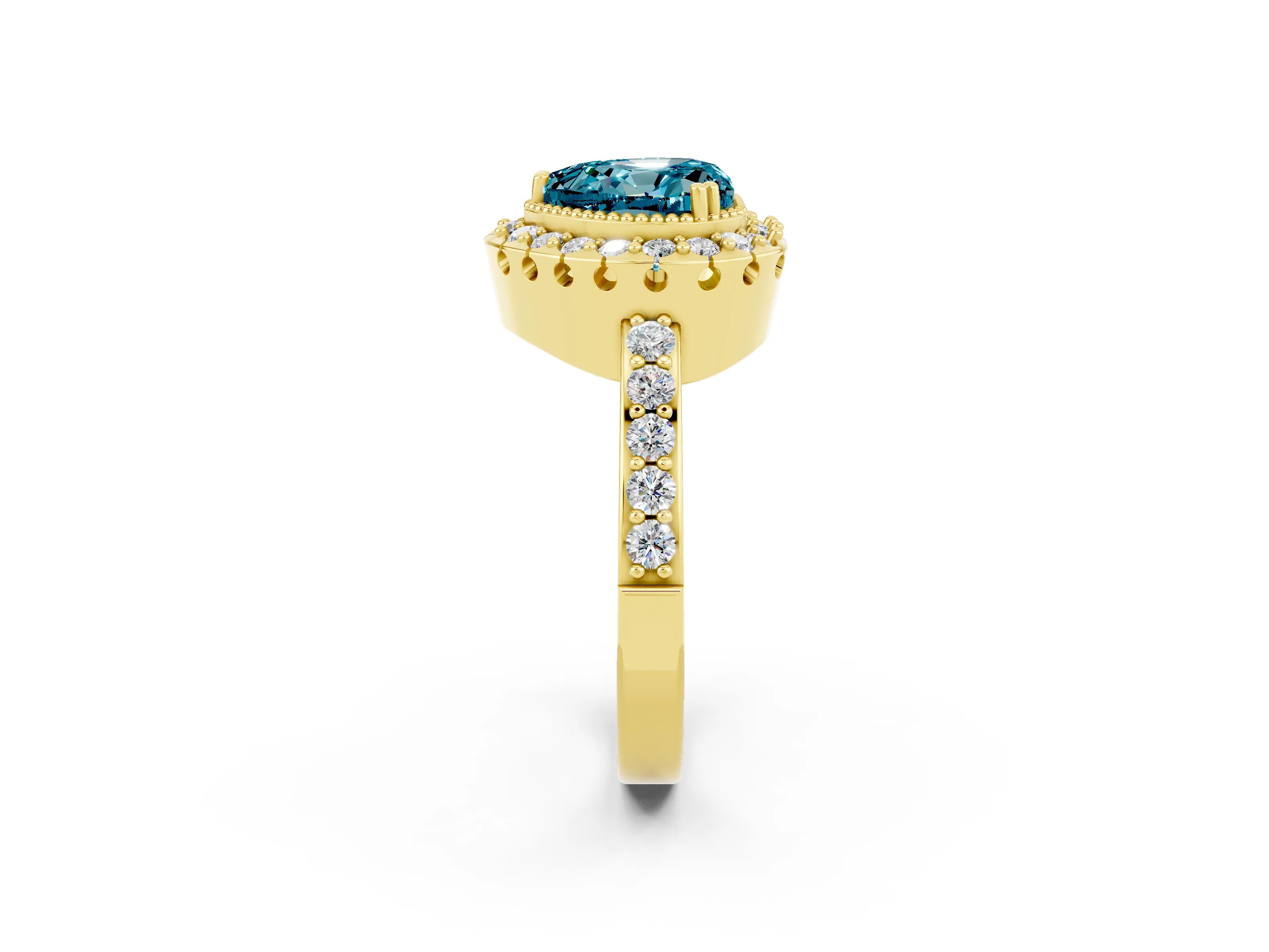 Yellow gold Heart Cut Diamond Halo Ring with Pavé Band and Prong Setting_2