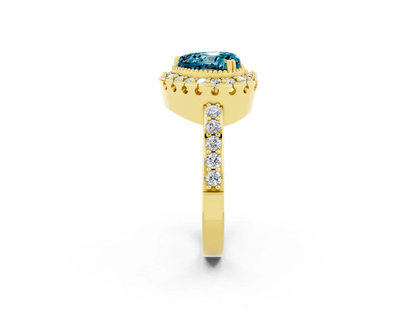 Yellow gold Heart Cut Blue Topaz Halo Ring with Pavé Band and Prong Setting