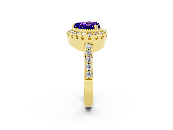 Yellow gold Heart Cut Tanzanite Halo Ring with Pavé Band and Prong Setting