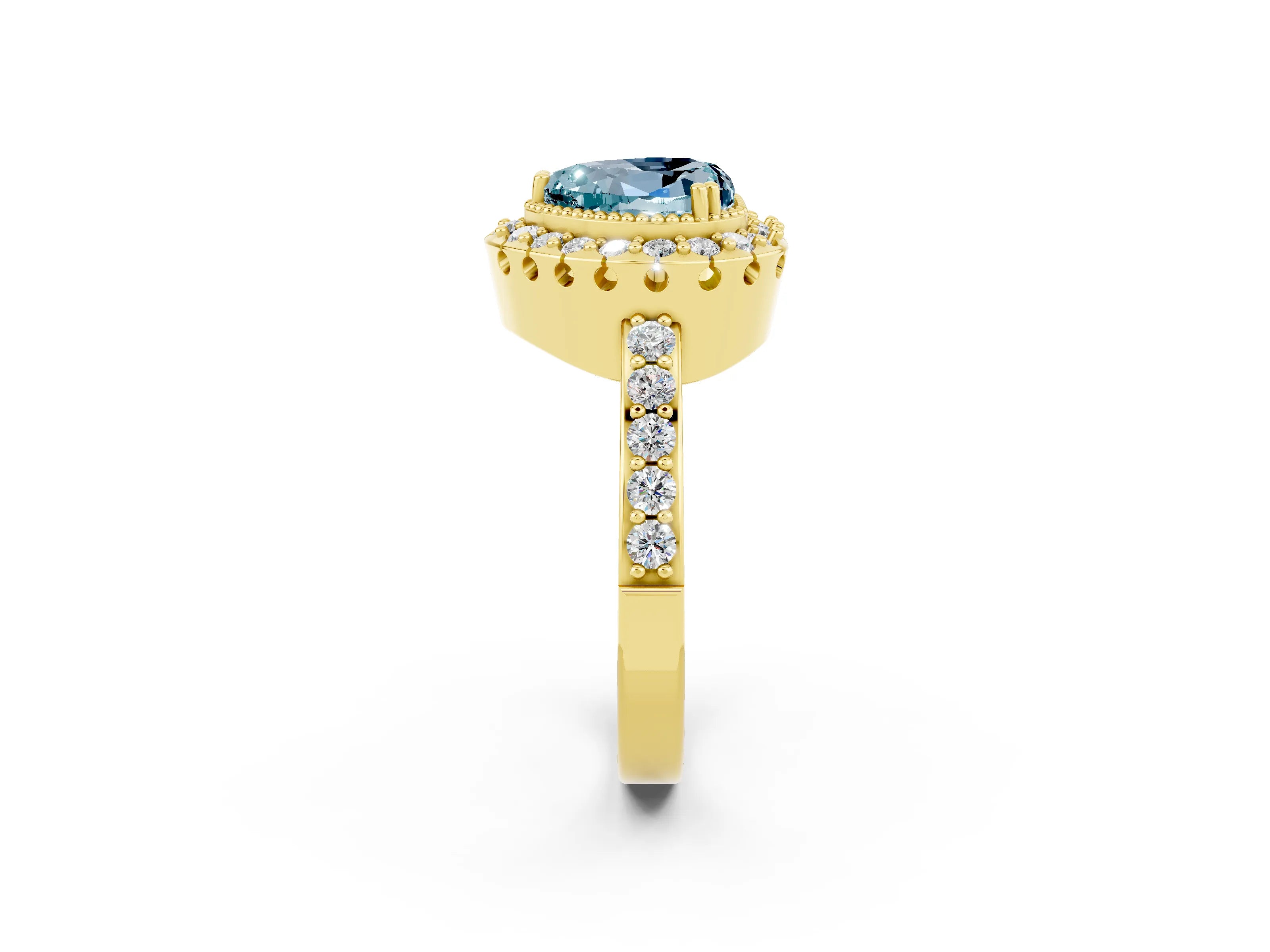 Yellow gold Heart Cut Diamond Halo Ring with Pavé Band and Prong Setting_2