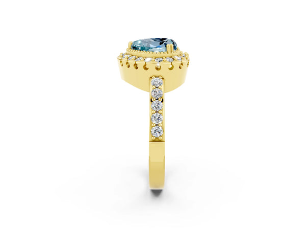 Yellow gold Heart Cut Aquamarine Halo Ring with Pavé Band and Prong Setting