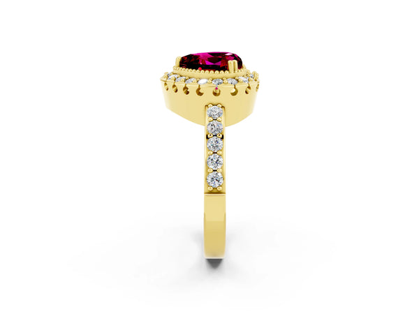 Yellow gold Heart Cut Garnet Halo Ring with Pavé Band and Prong Setting