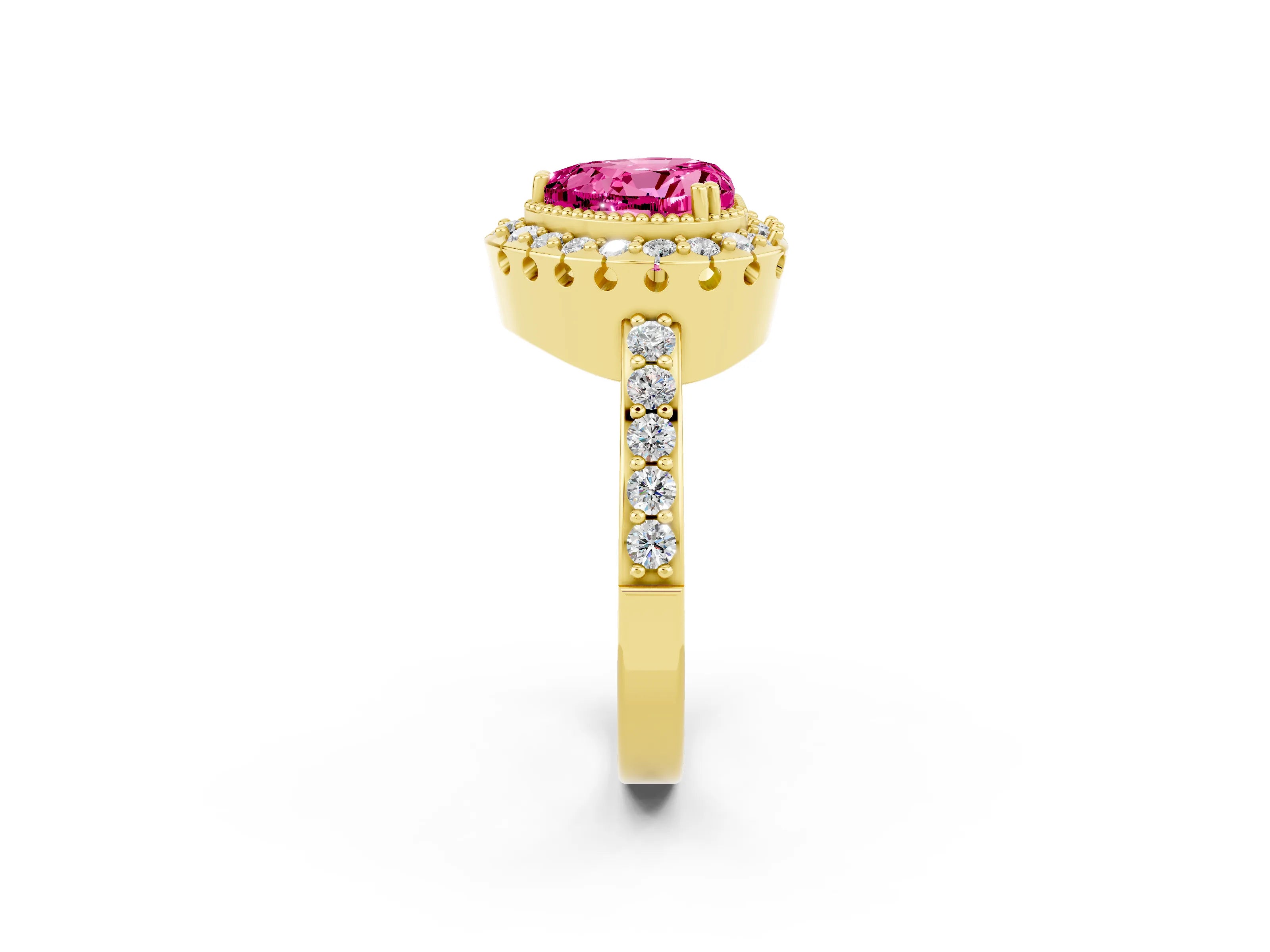 Yellow gold Heart Cut Diamond Halo Ring with Pavé Band and Prong Setting_2