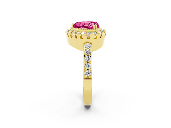 Yellow gold Heart Cut Pink Sapphire Halo Ring with Pavé Band and Prong Setting