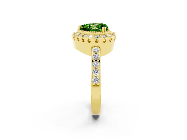 Yellow gold Heart Cut Peridot Halo Ring with Pavé Band and Prong Setting