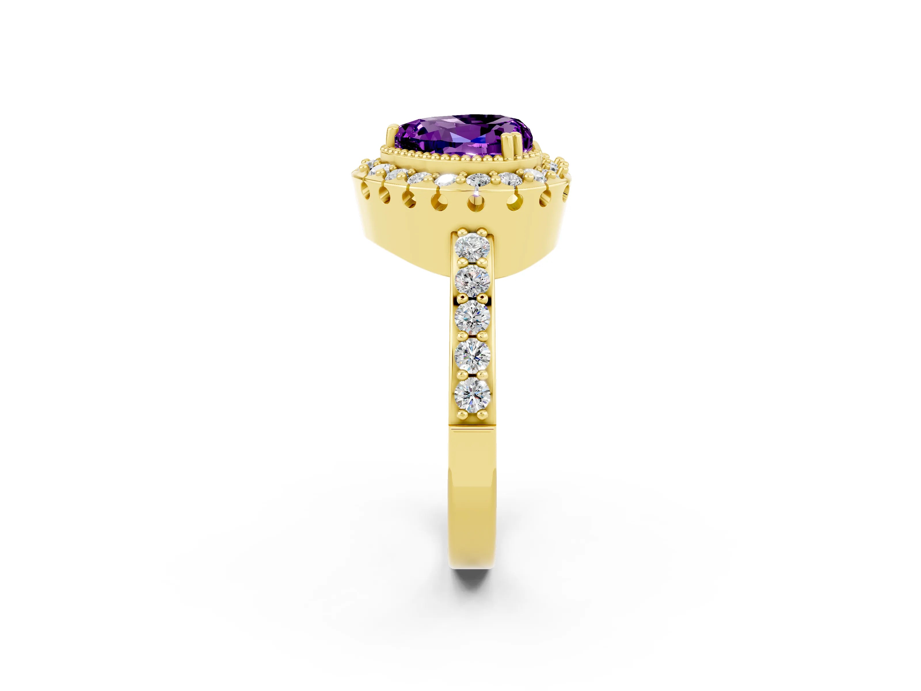 Yellow gold Heart Cut Diamond Halo Ring with Pavé Band and Prong Setting_2