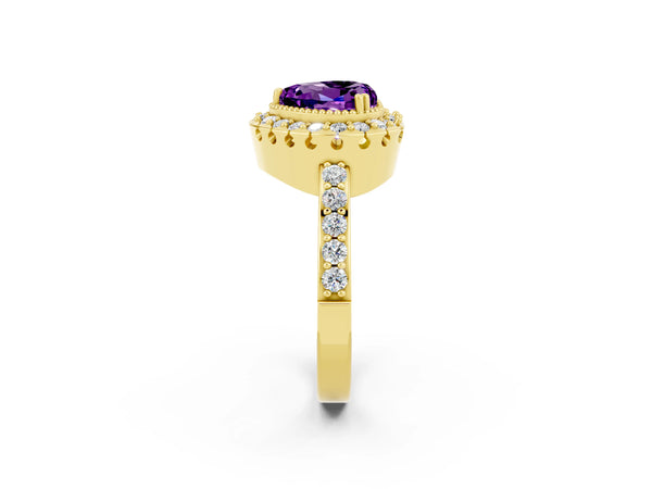 Yellow gold Heart Cut Amethyst Halo Ring with Pavé Band and Prong Setting