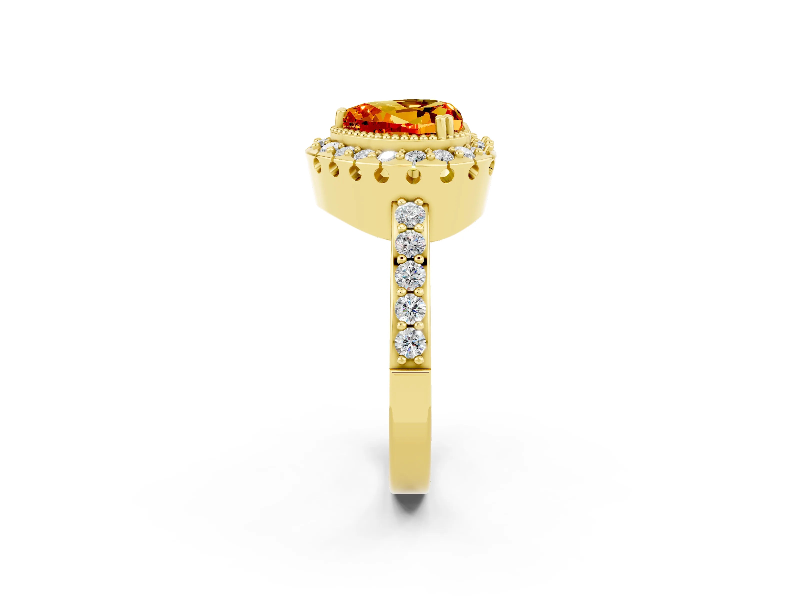 Yellow gold Heart Cut Diamond Halo Ring with Pavé Band and Prong Setting_2