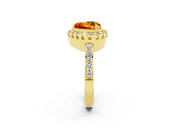 Yellow gold Heart Cut Citrine Halo Ring with Pavé Band and Prong Setting