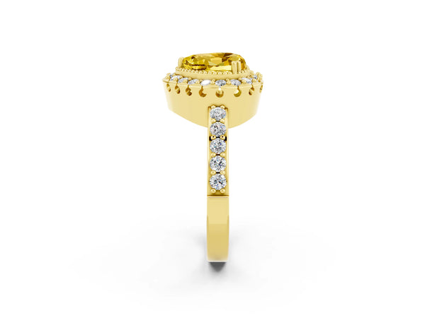 Yellow gold Heart Cut Yellow Sapphire Halo Ring with Pavé Band and Prong Setting