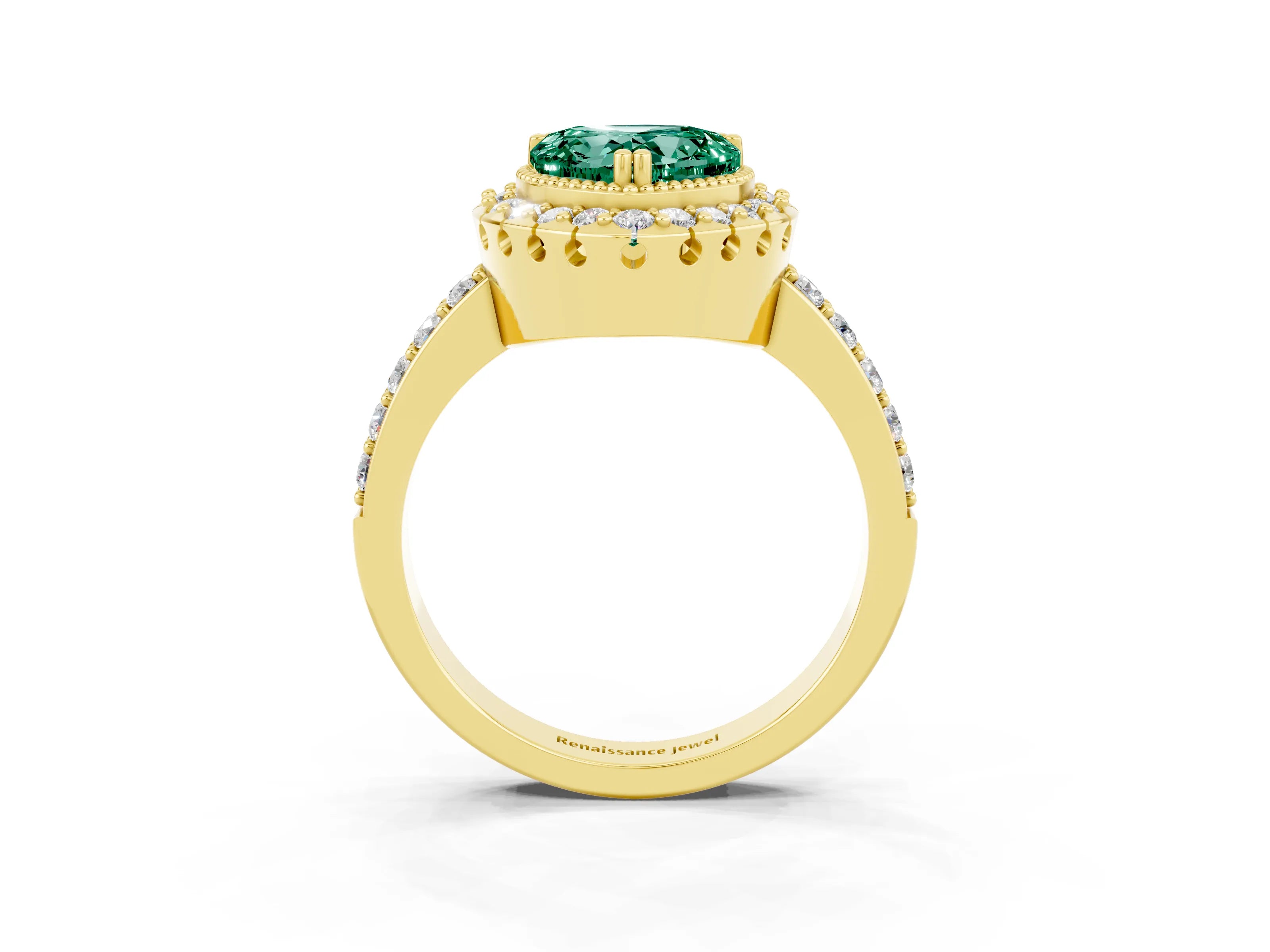 Yellow gold Heart Cut Diamond Halo Ring with Pavé Band and Prong Setting_3