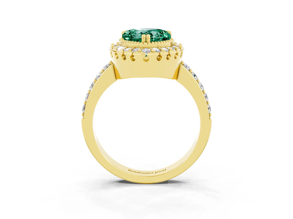 Yellow gold Heart Cut Green Sapphire Halo Ring with Pavé Band and Prong Setting