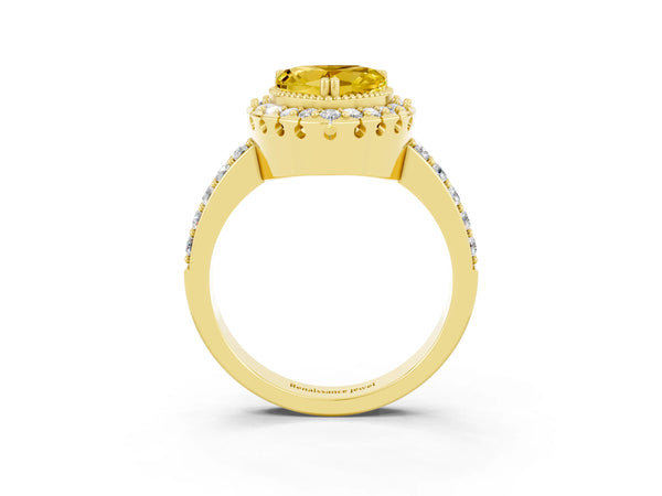Yellow gold Heart Cut Yellow Sapphire Halo Ring with Pavé Band and Prong Setting
