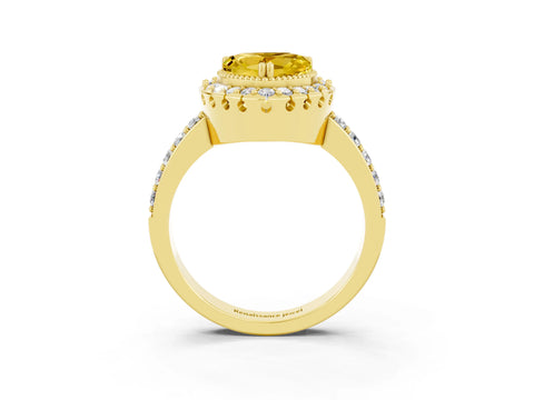 Yellow gold Heart Cut Diamond Halo Ring with Pavé Band and Prong Setting_3
