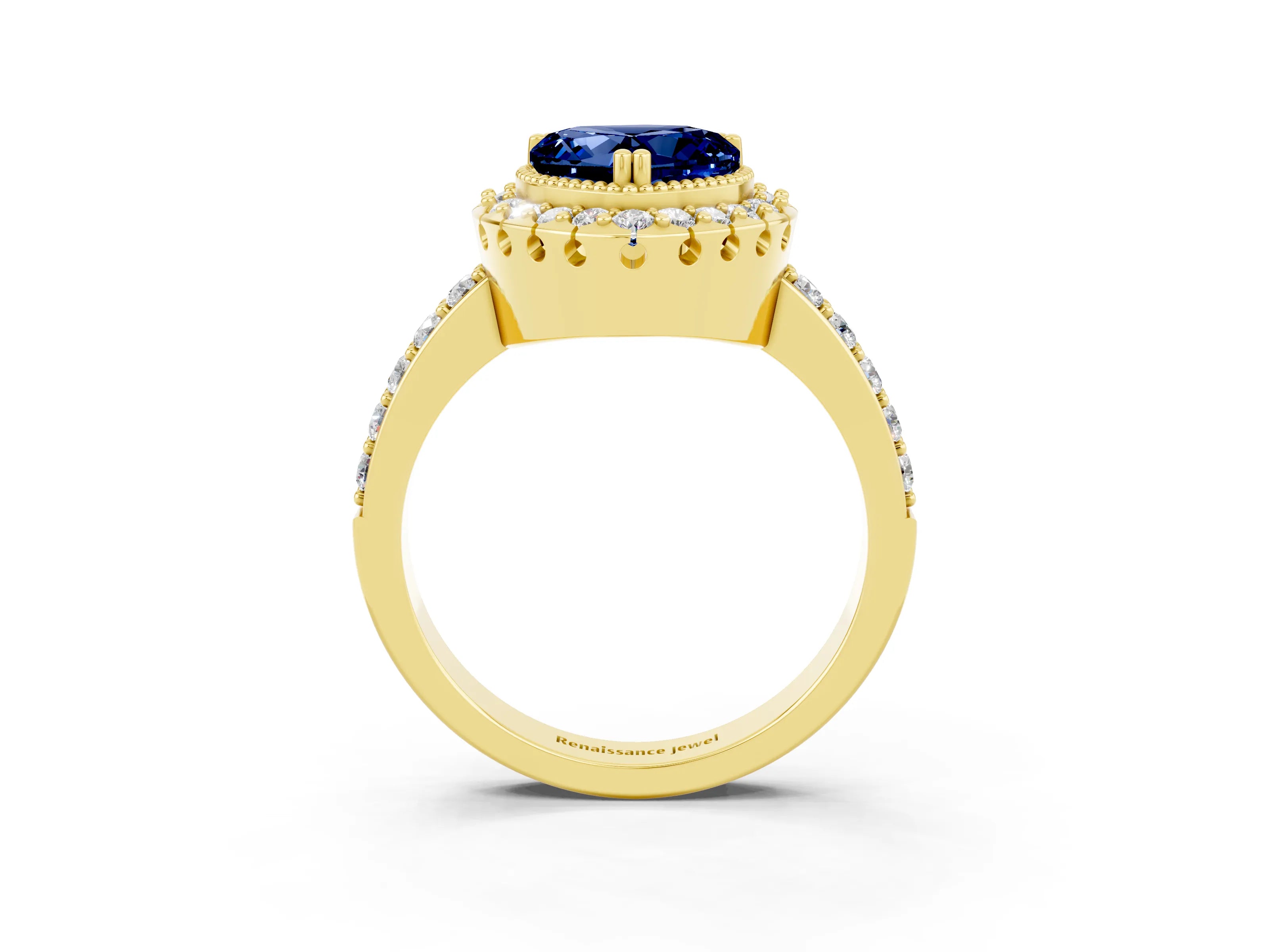 Yellow gold Heart Cut Diamond Halo Ring with Pavé Band and Prong Setting_3