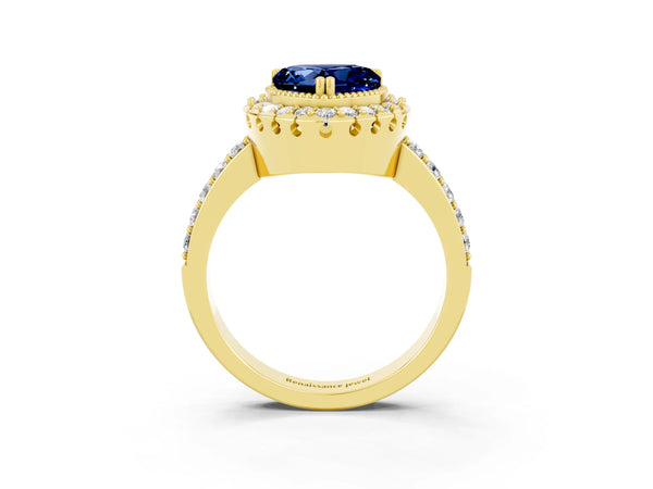 Yellow gold Heart Cut Blue Sapphire Halo Ring with Pavé Band and Prong Setting