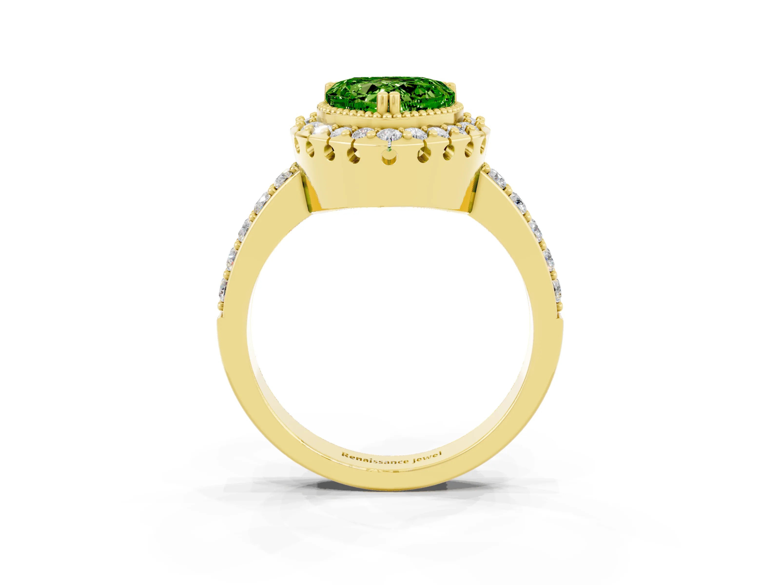 Yellow gold Heart Cut Diamond Halo Ring with Pavé Band and Prong Setting_3