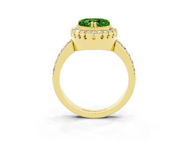 Yellow gold Heart Cut Peridot Halo Ring with Pavé Band and Prong Setting