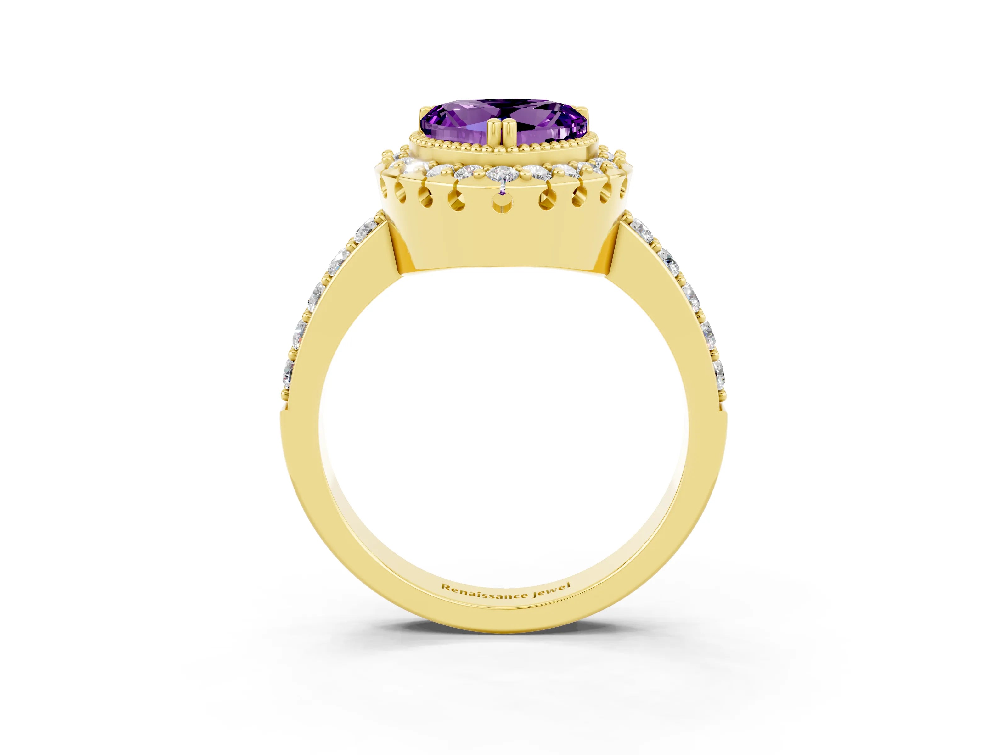 Yellow gold Heart Cut Diamond Halo Ring with Pavé Band and Prong Setting_3