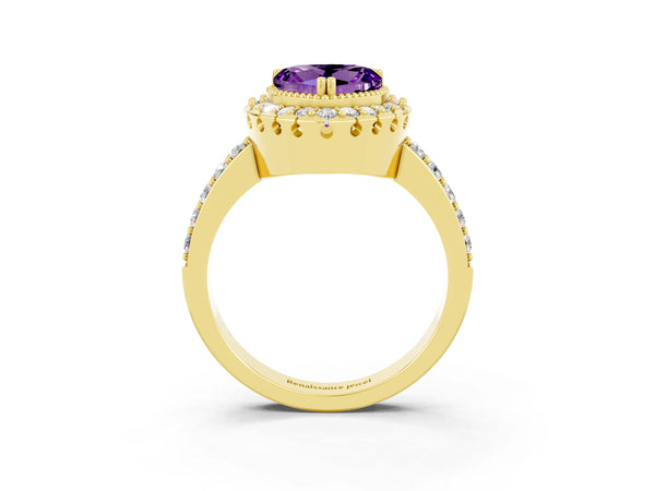 Yellow gold Heart Cut Amethyst Halo Ring with Pavé Band and Prong Setting