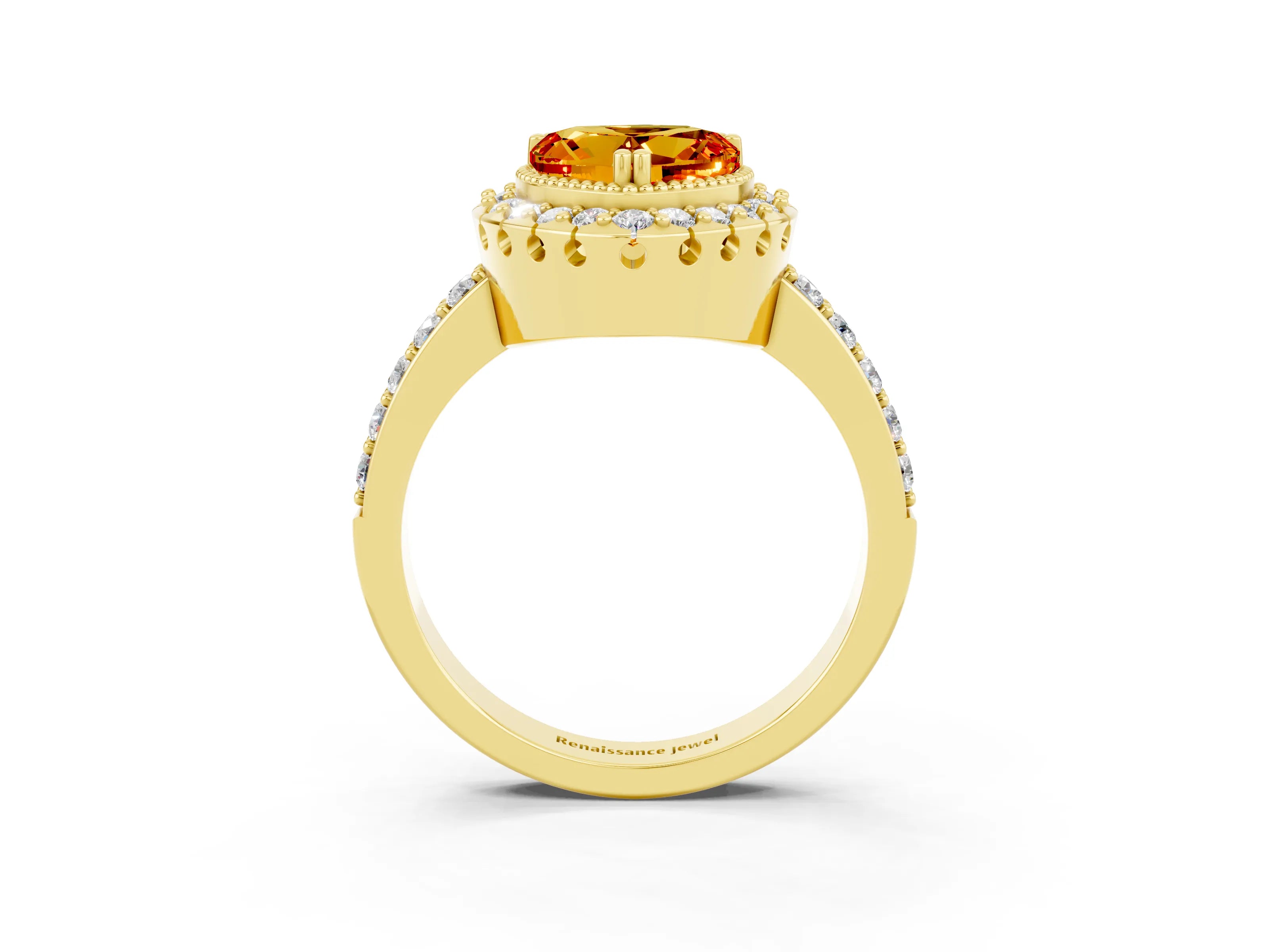 Yellow gold Heart Cut Diamond Halo Ring with Pavé Band and Prong Setting_3
