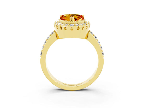 Yellow gold Heart Cut Citrine Halo Ring with Pavé Band and Prong Setting