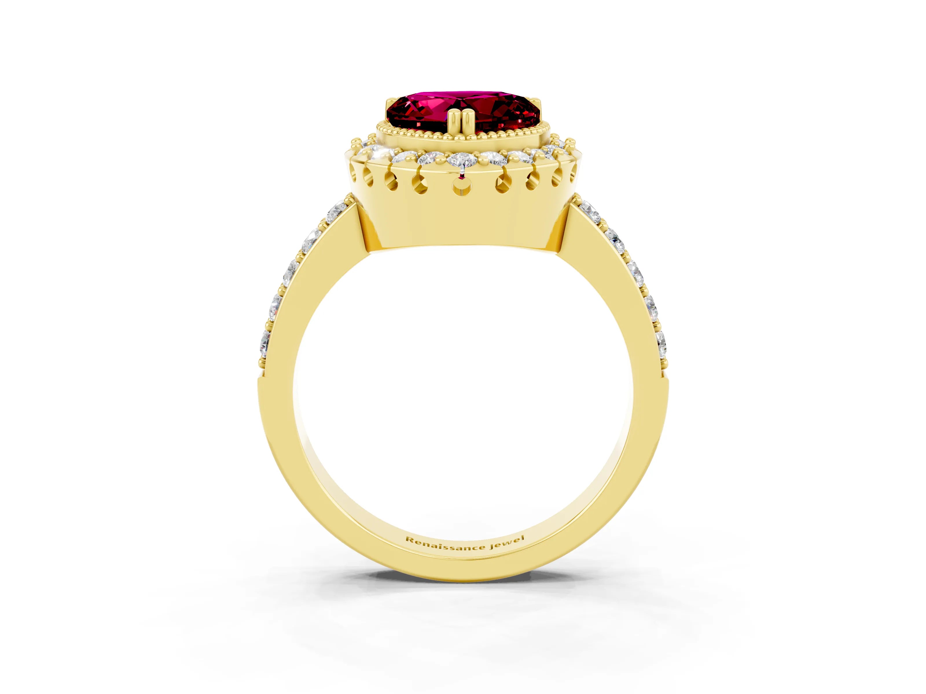 Yellow gold Heart Cut Diamond Halo Ring with Pavé Band and Prong Setting_3