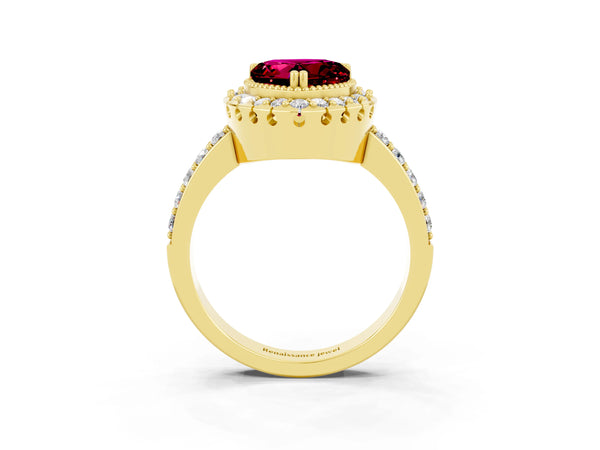 Yellow gold Heart Cut Garnet Halo Ring with Pavé Band and Prong Setting
