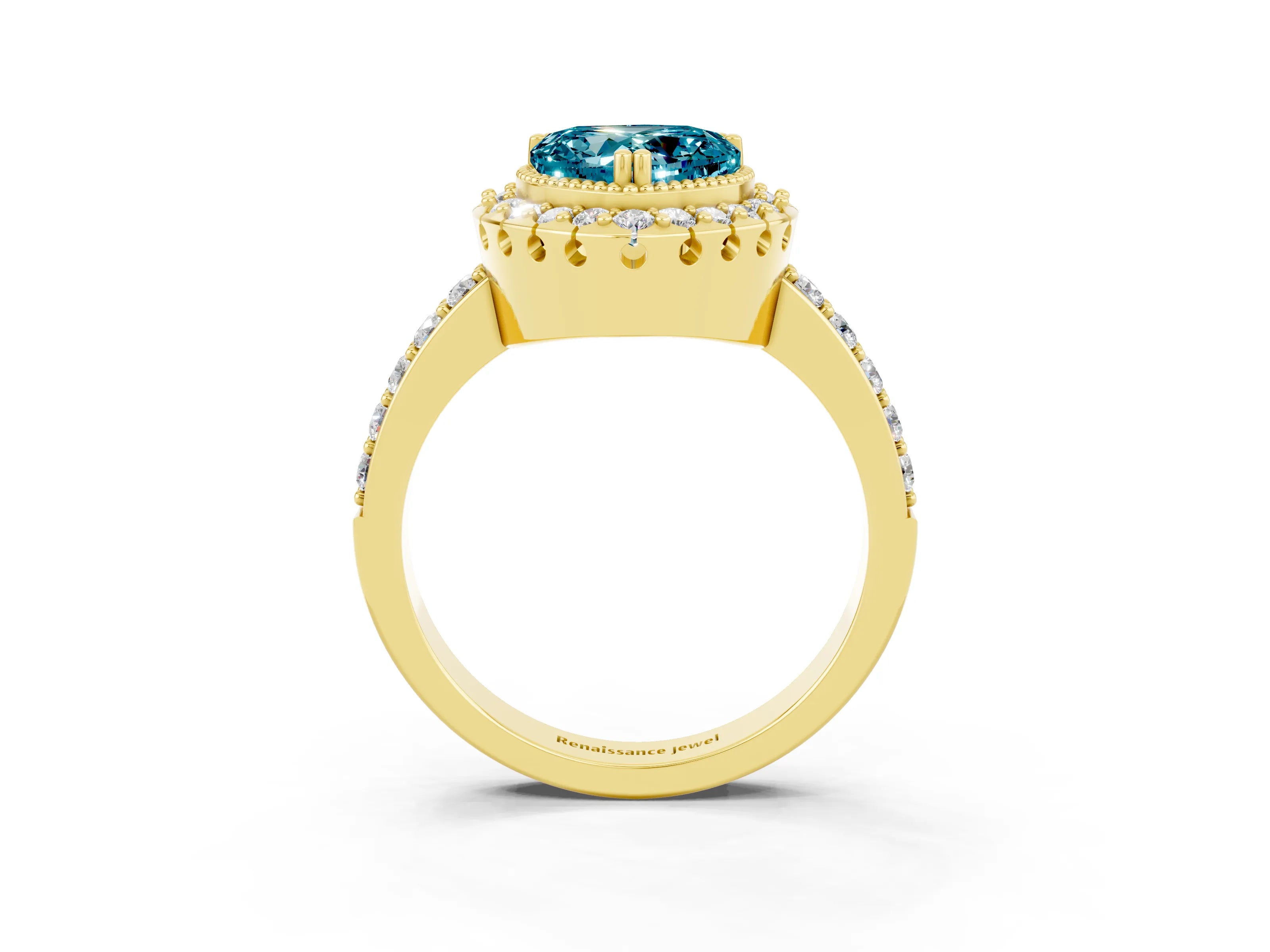 Yellow gold Heart Cut Diamond Halo Ring with Pavé Band and Prong Setting_3