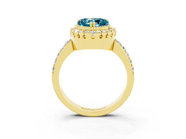 Yellow gold Heart Cut Blue Topaz Halo Ring with Pavé Band and Prong Setting