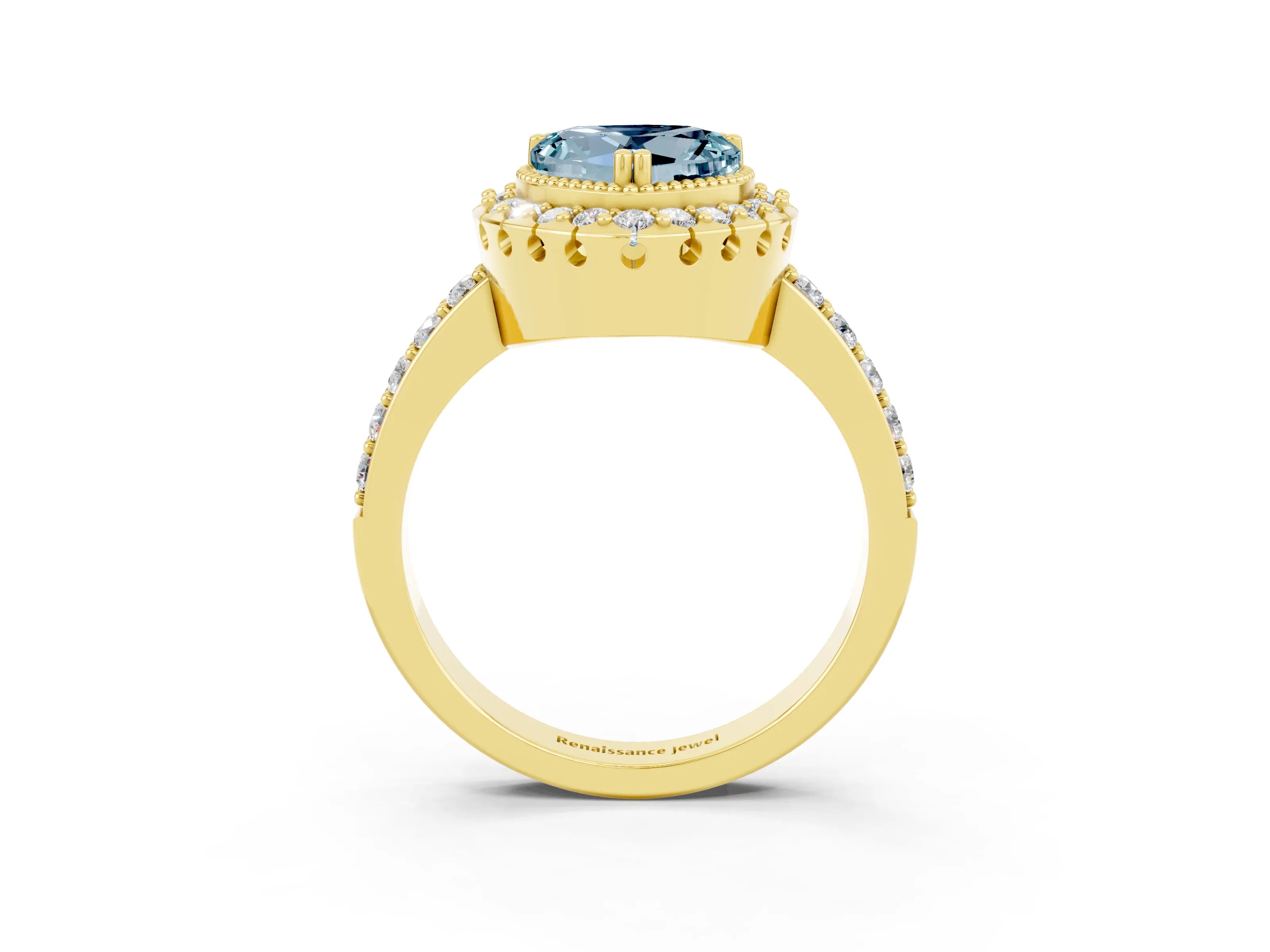 Yellow gold Heart Cut Diamond Halo Ring with Pavé Band and Prong Setting_3