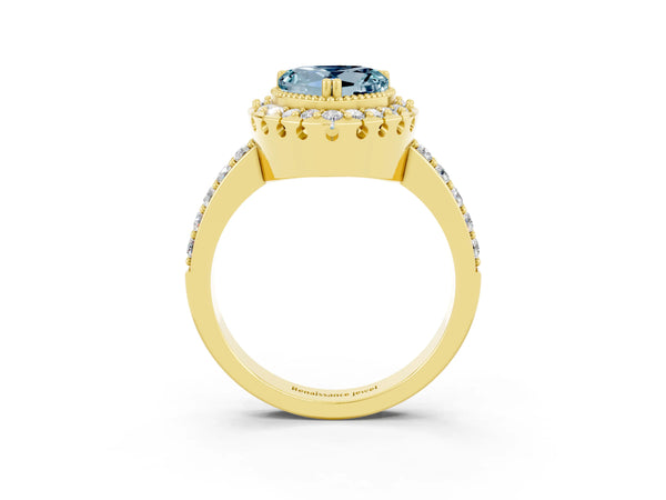 Yellow gold Heart Cut Aquamarine Halo Ring with Pavé Band and Prong Setting