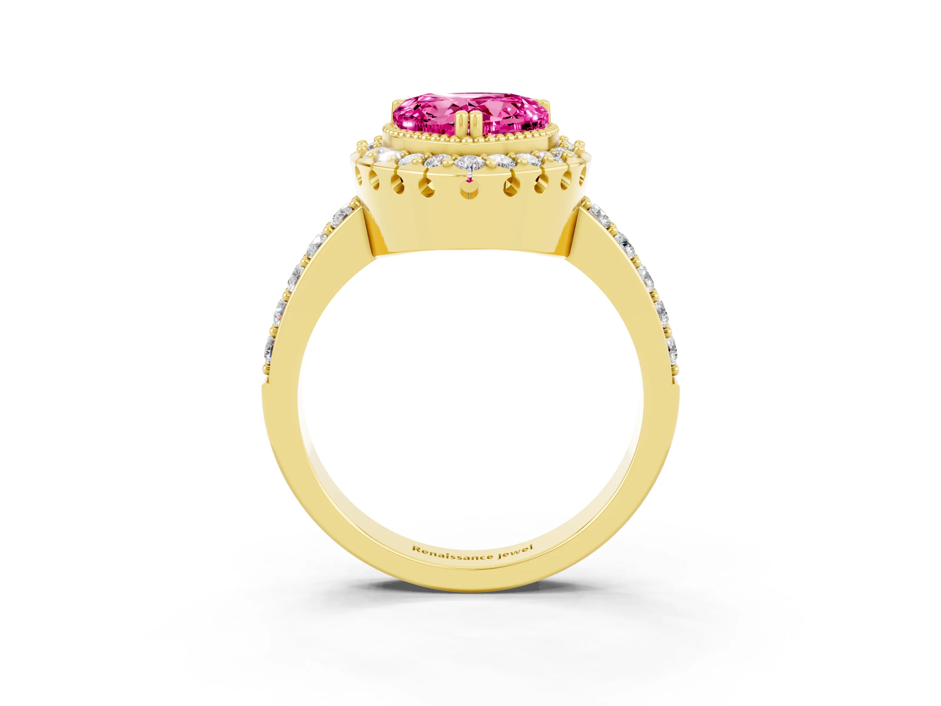 Yellow gold Heart Cut Diamond Halo Ring with Pavé Band and Prong Setting_3